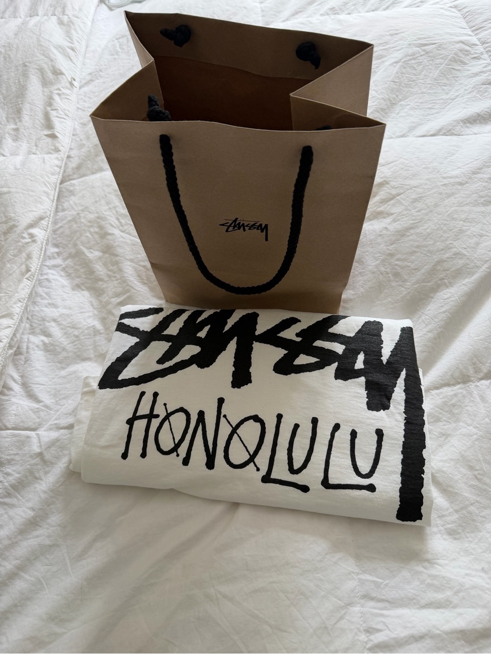 Stussy White Throw Blanket with Black Honolulu Graphic